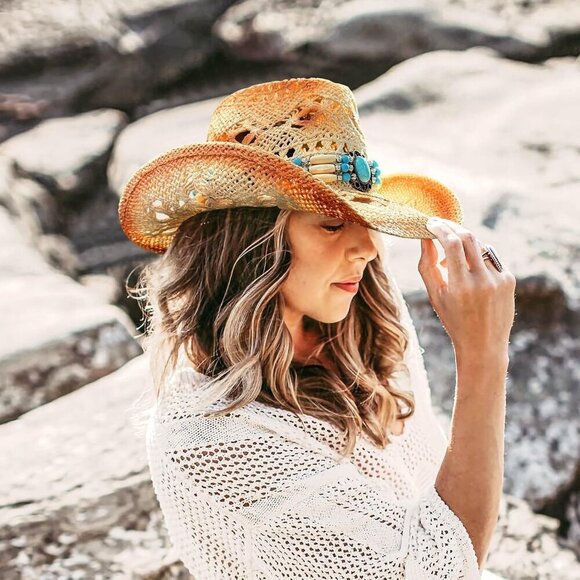 Cowgirl Hat Straw Wide Brim Sun Hat for Women Beach Outdoor Ear Protection